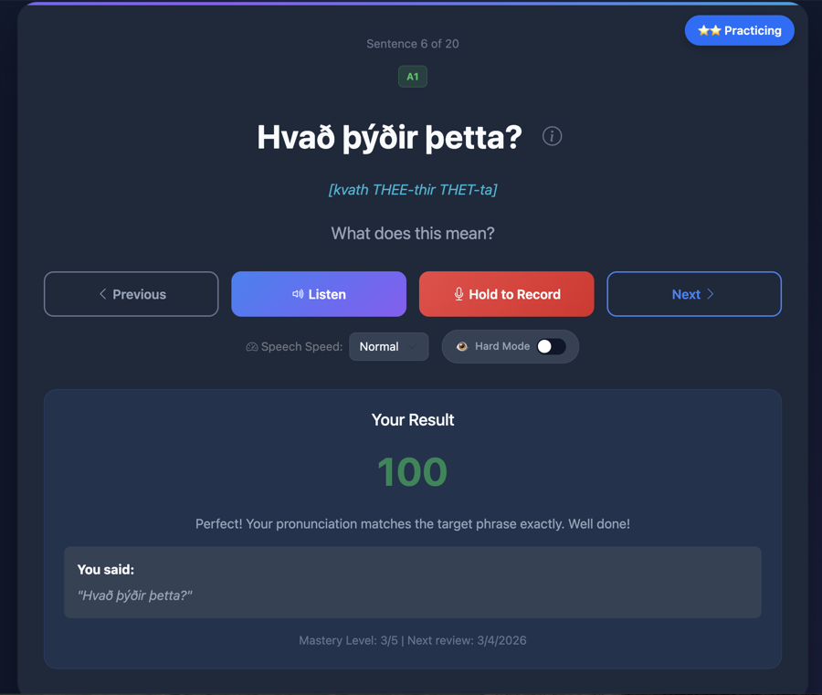 AI pronunciation feedback showing a perfect score of 100