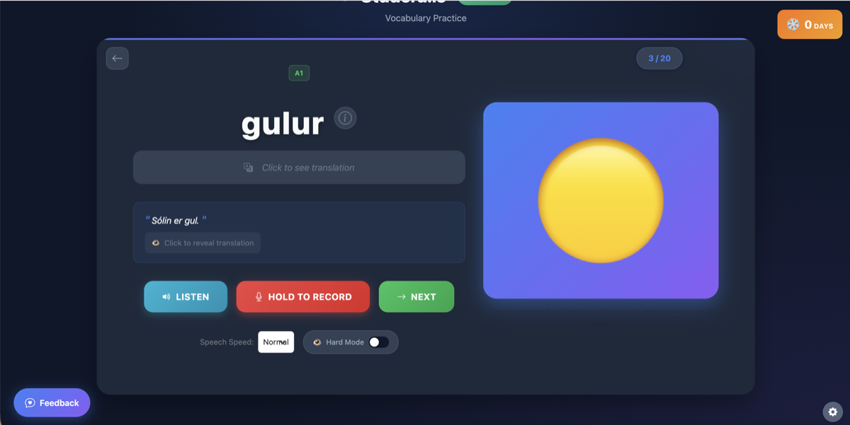 Vocabulary practice with the word gulur showing AI-generated image